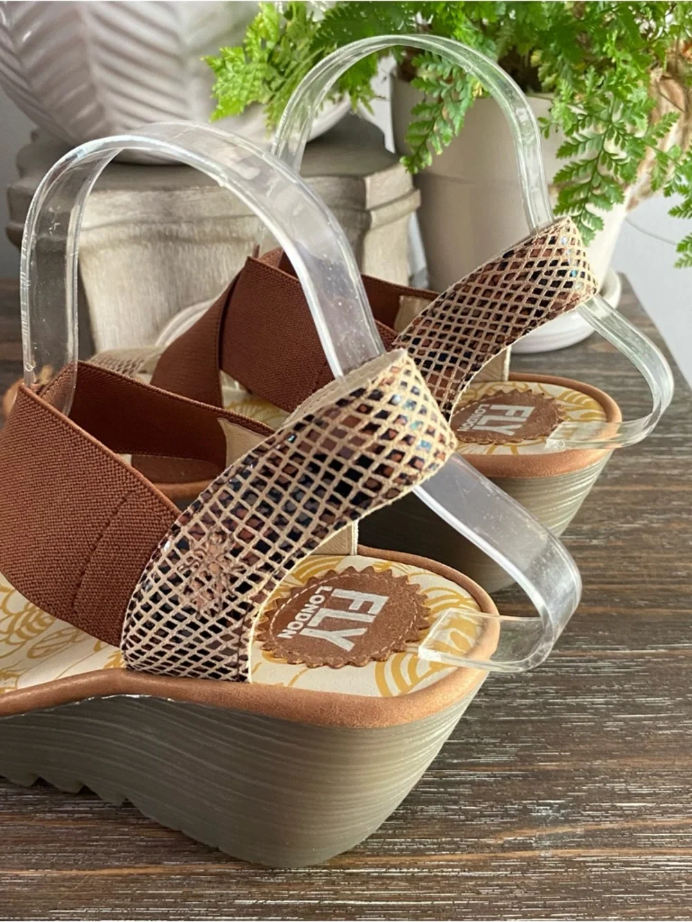 Fly London Yaji Leather Wedge Heeled Platform Sandals Womens 38 7.5-8 Tan Snake